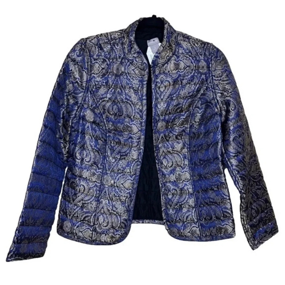 Chico's Metallic Blue Satin Quilted Open Blazer Jacket Sz 4/6 Paisley - Picture 1 of 7